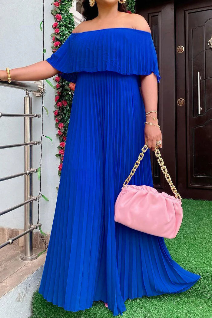 Robe Weitese élégante bleu royal, robe de bal plissée à épaules dénudées, robe longue trapèze sans manches